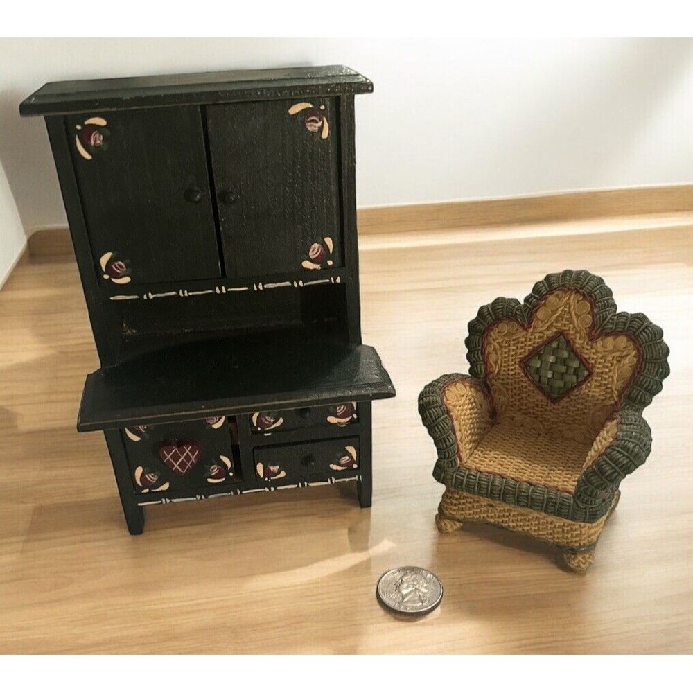 Miniature Baking Hutch Cupboard  Wood  Green Hand painted And Faux  Wicker Chair